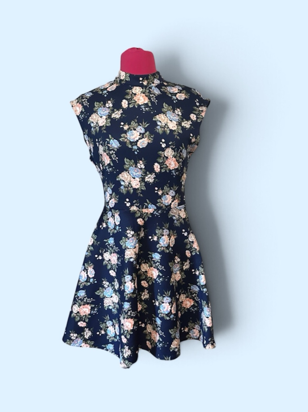 Forever 21 Navy Floral Mock-Neck Fit and Flare Dress